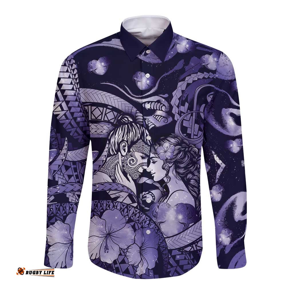 Personalised Maori Romantic Valentine Long Sleeve Button Shirt The Hongi Kiss Purple Galaxy DT05