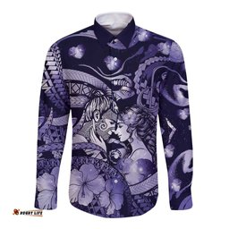 Personalised Maori Romantic Valentine Long Sleeve Button Shirt The Hongi Kiss Purple Galaxy DT05