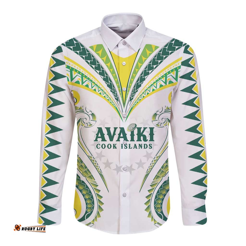 Custom Rugby Cook Islands Avaiki Long Sleeve Button Shirt White Kuki Airani Tribal Maori Inspired LT9