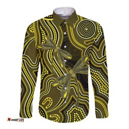 Yellow Indigenous Dragonfly Australia Long Sleeve Button Shirt Aboriginal Art LT14