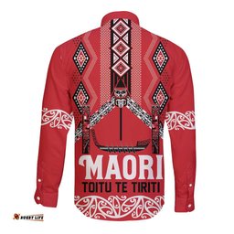 Toitu Te Tiriti Waitangi Long Sleeve Button Shirt Red Wharenui House LT9