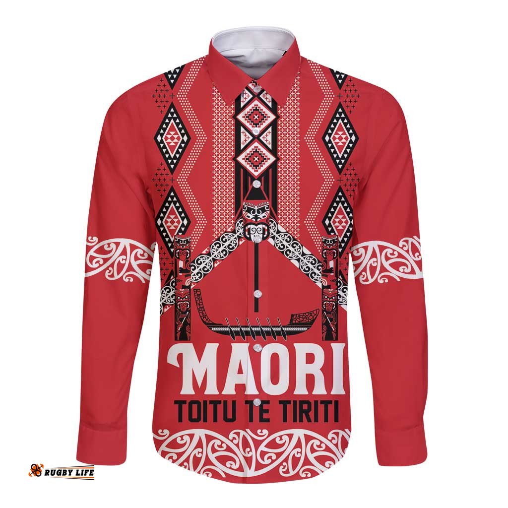 Toitu Te Tiriti Waitangi Long Sleeve Button Shirt Red Wharenui House LT9