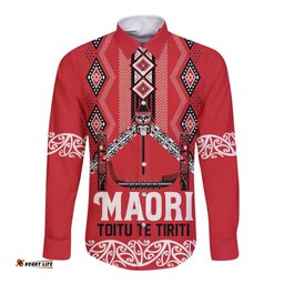 Toitu Te Tiriti Waitangi Long Sleeve Button Shirt Red Wharenui House LT9