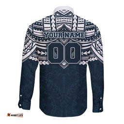 Personalized Carlton Blues Long Sleeve Button Shirt Polynesian Tribal Pattern Heritage Football TS04