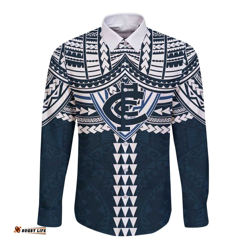 Personalized Carlton Blues Long Sleeve Button Shirt Polynesian Tribal Pattern Heritage Football TS04