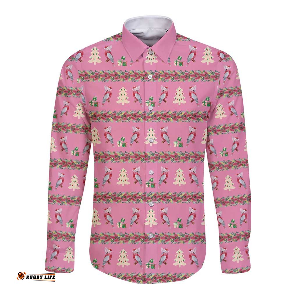 Australia Pink Galah Christmas Long Sleeve Button Shirt Eolophus Roseicapilla Bottlebrush Seamless LT14
