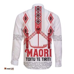 Toitu Te Tiriti Waitangi Long Sleeve Button Shirt White Wharenui House LT9