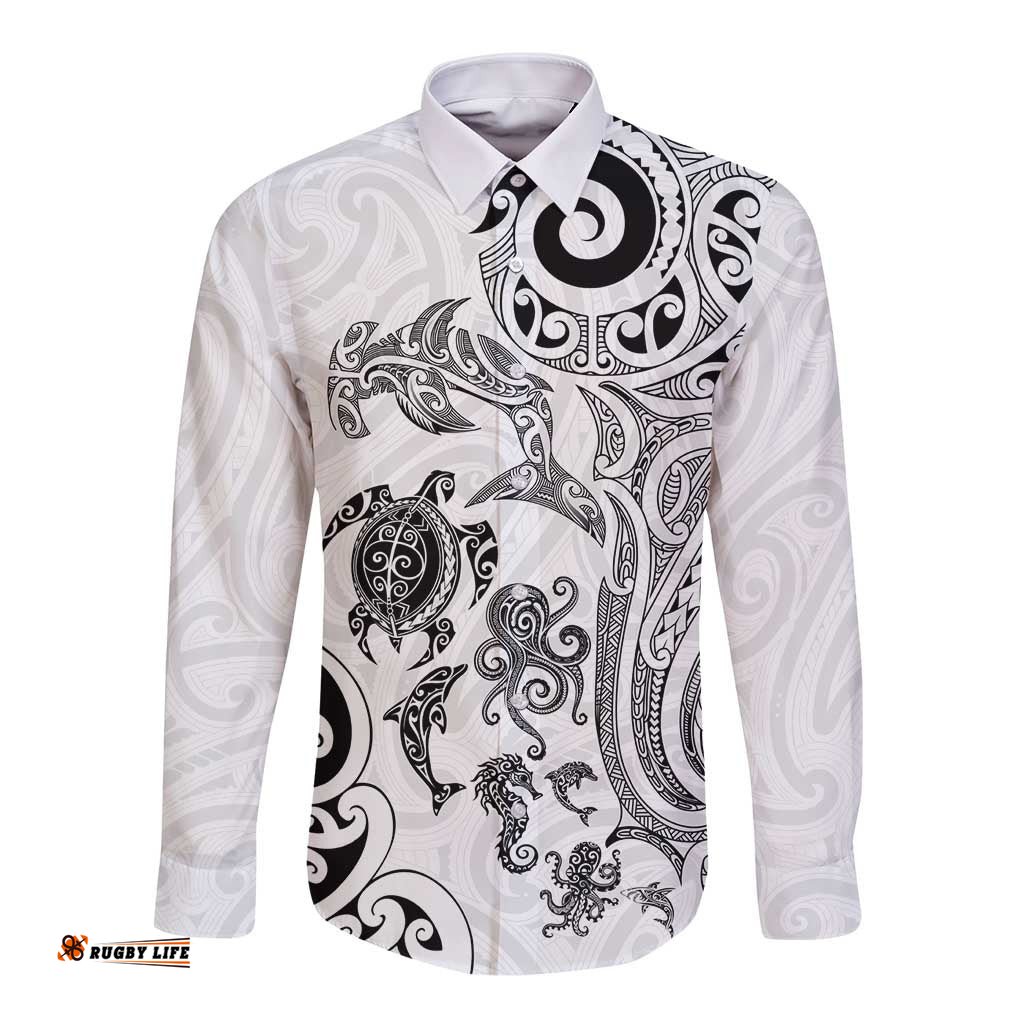 New Zealand Sea Animals with Maori Tribal Tattoo Long Sleeve Button Shirt White Color LT03