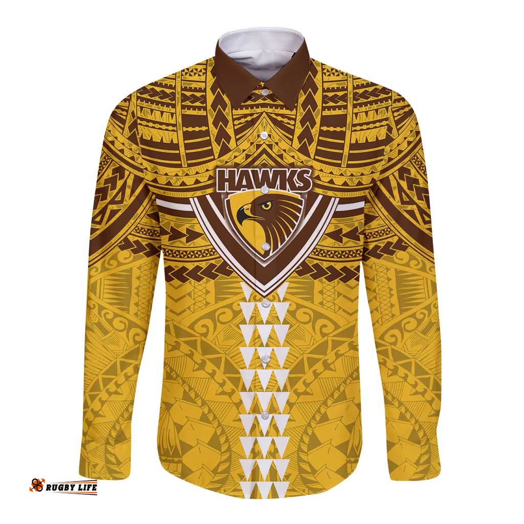 Personalized Hawthorn Hawks Long Sleeve Button Shirt Polynesian Tribal Pattern Heritage Football TS04