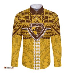 Personalized Hawthorn Hawks Long Sleeve Button Shirt Polynesian Tribal Pattern Heritage Football TS04