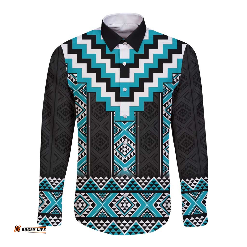 Turquoise Taniko Pattern Aotearoa Long Sleeve Button Shirt Niho Taniwha Mix Poutama LT14