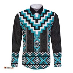Turquoise Taniko Pattern Aotearoa Long Sleeve Button Shirt Niho Taniwha Mix Poutama LT14