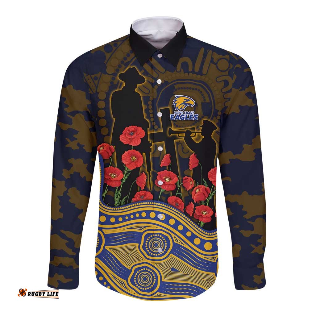 West Coast Eagles ANZAC Day Long Sleeve Button Shirt Indigenous Dot Art with Poppy Flower Tribute TS04