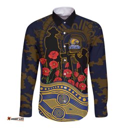 West Coast Eagles ANZAC Day Long Sleeve Button Shirt Indigenous Dot Art with Poppy Flower Tribute TS04