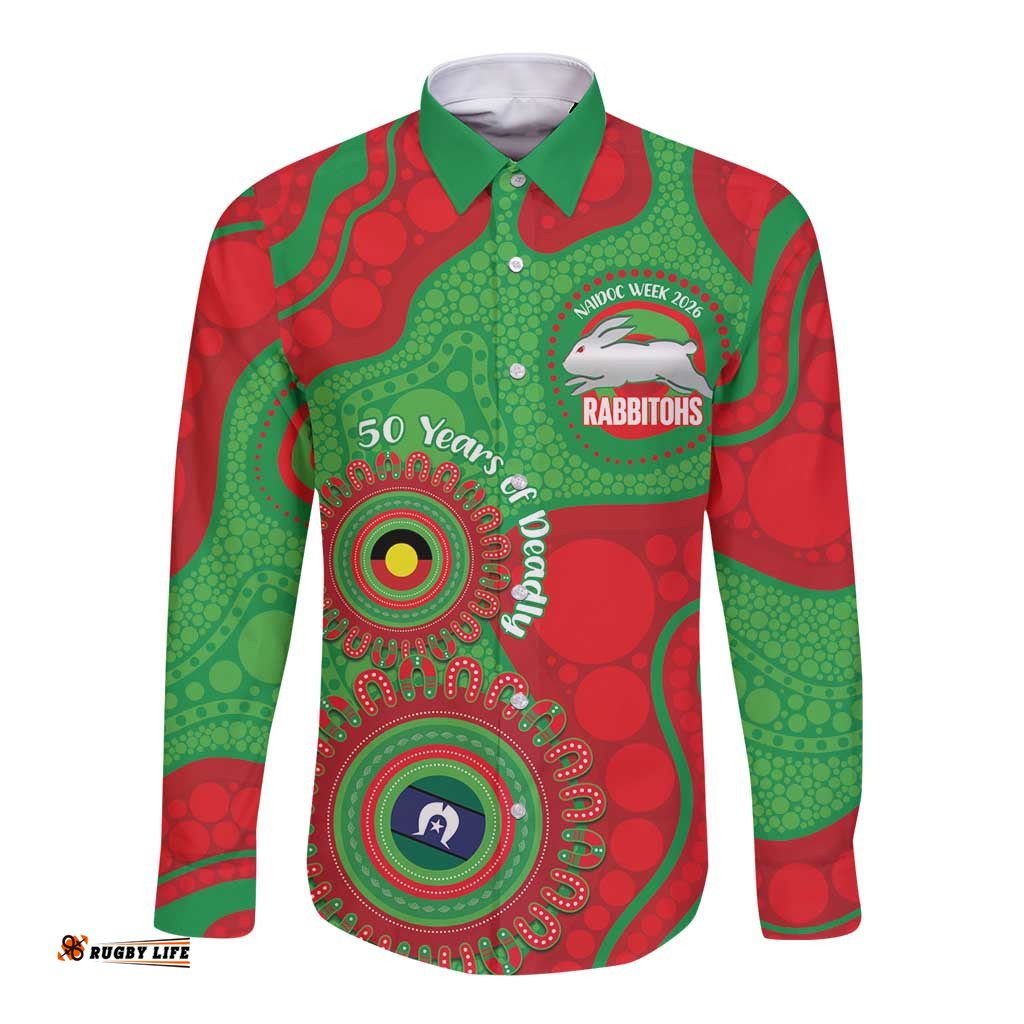 Rabbitohs NAIDOC Week 2026 Personalised Long Sleeve Button Shirt 50 Years of Deadly Aboriginal Art LT14
