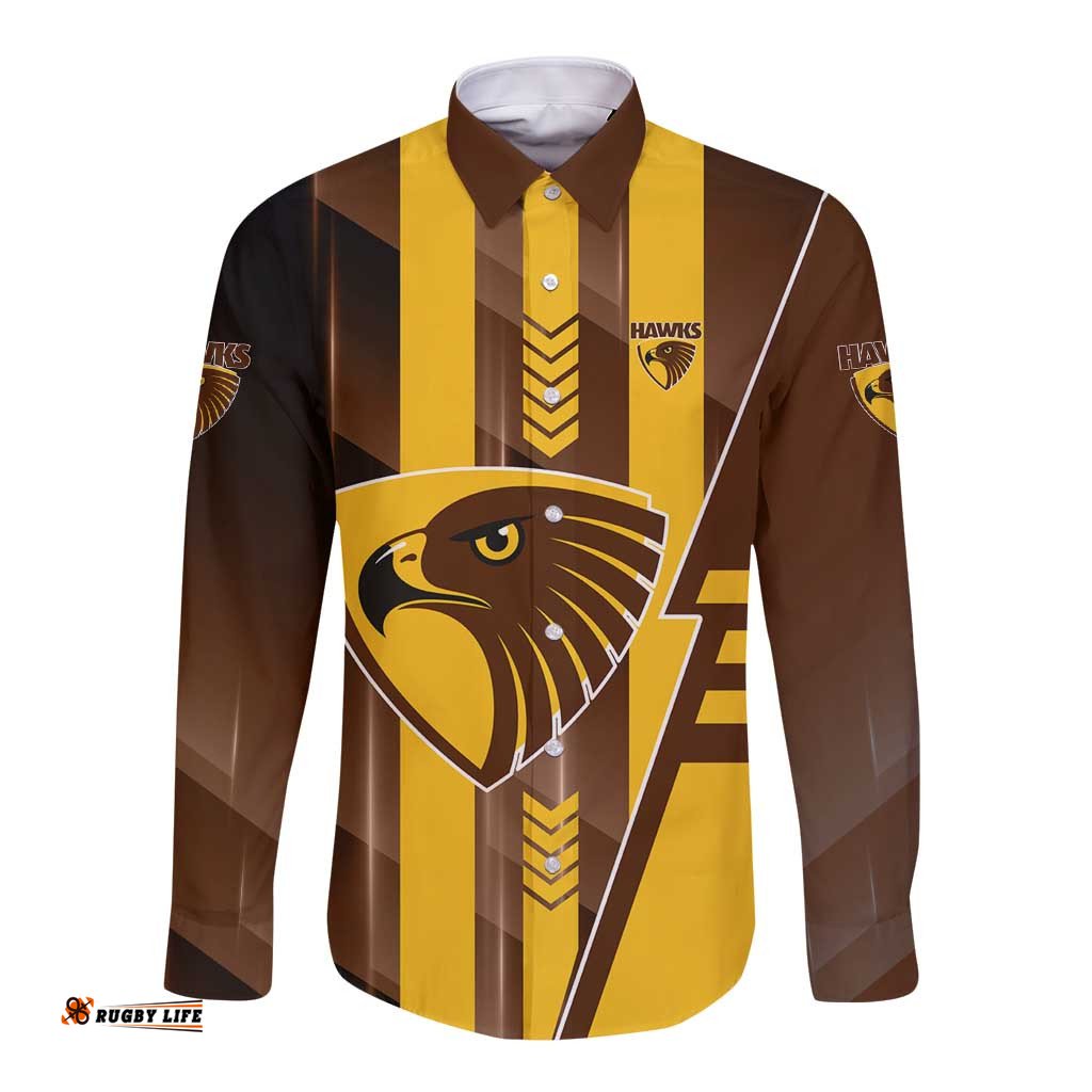 Personalized Hawthorn Hawks Long Sleeve Button Shirt Modern Geometric Sports Graphic Style TS04