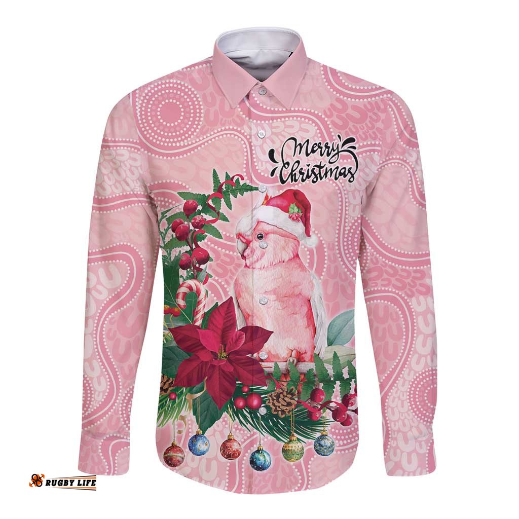 Watercolor Pink Galah Flowers Long Sleeve Button Shirt Australia Christmas Vibes LT9
