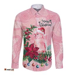 Watercolor Pink Galah Flowers Long Sleeve Button Shirt Australia Christmas Vibes LT9