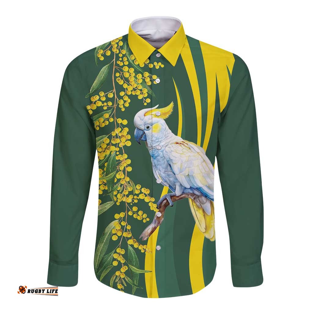 White Cockatoo and Golden Wattle Long Sleeve Button Shirt Australian Native Bird LT9