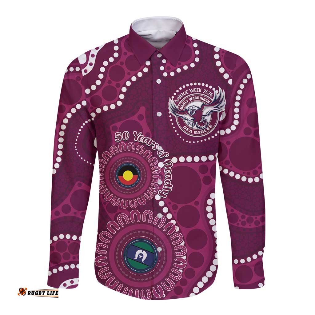 Sea Eagles NAIDOC Week 2026 Personalised Long Sleeve Button Shirt 50 Years of Deadly Aboriginal Art LT14