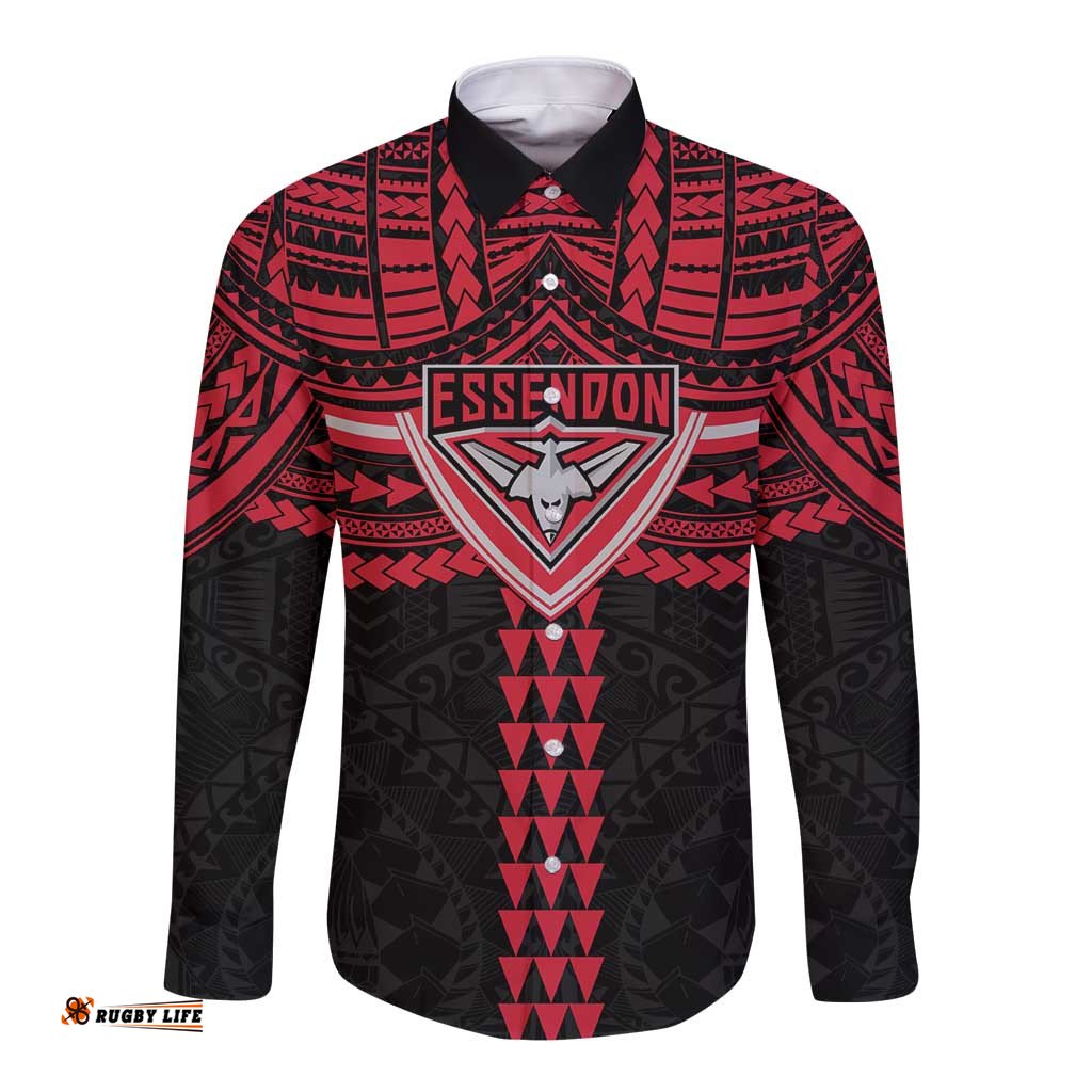 Personalized Essendon Bombers Long Sleeve Button Shirt Polynesian Tribal Pattern Heritage Football TS04