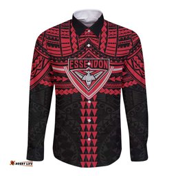 Personalized Essendon Bombers Long Sleeve Button Shirt Polynesian Tribal Pattern Heritage Football TS04
