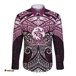 Personalized Manly Warringah Sea Eagles Long Sleeve Button Shirt Polynesian Tribal Pattern Style TS04