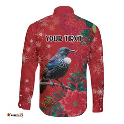 Tui Meri Kirihimete Personalised Long Sleeve Button Shirt Pohutukawa Flowers Red Motif LT9