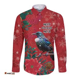 Tui Meri Kirihimete Personalised Long Sleeve Button Shirt Pohutukawa Flowers Red Motif LT9