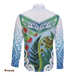 Aotearoa New Zealand Natural Plants Long Sleeve Button Shirt Pohutukawa with Silver Ferns Koru Frond Maori Tattoos LT03