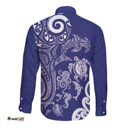 New Zealand Sea Animals with Maori Tribal Tattoo Long Sleeve Button Shirt Blue Color LT03