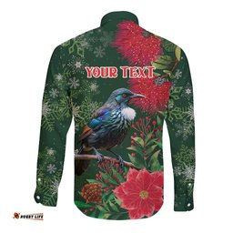 Tui Meri Kirihimete Personalised Long Sleeve Button Shirt Pohutukawa Flowers Green Motif LT9