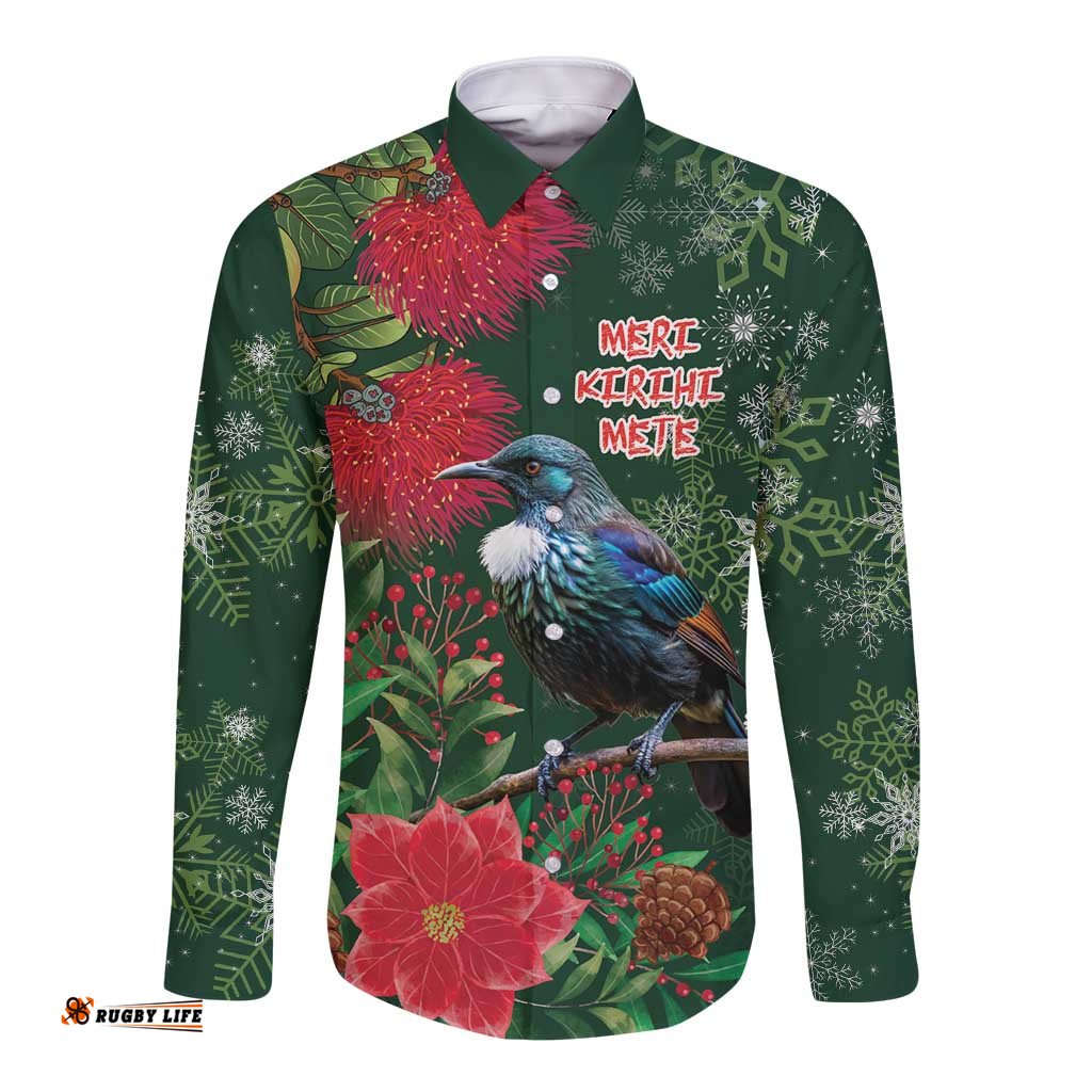 Tui Meri Kirihimete Personalised Long Sleeve Button Shirt Pohutukawa Flowers Green Motif LT9