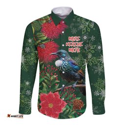Tui Meri Kirihimete Personalised Long Sleeve Button Shirt Pohutukawa Flowers Green Motif LT9