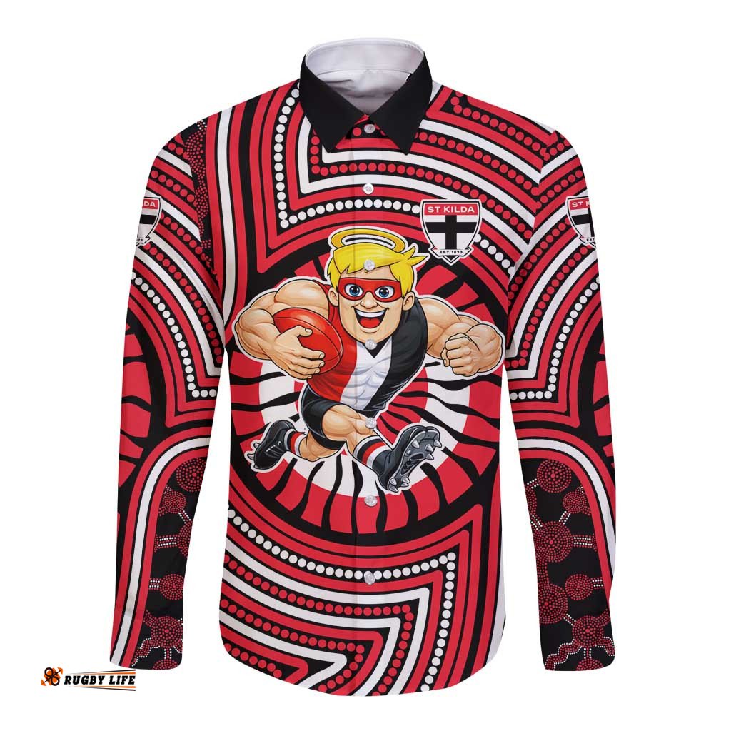 St Kilda Football Club Long Sleeve Button Shirt Indigenous Monochrome Dot Art Mascot Style TS04