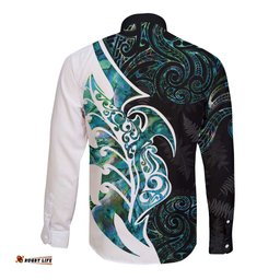 Proud Aotearoa Long Sleeve Button Shirt Maori Silver Fern Mix Paua Shell Pattern LT14