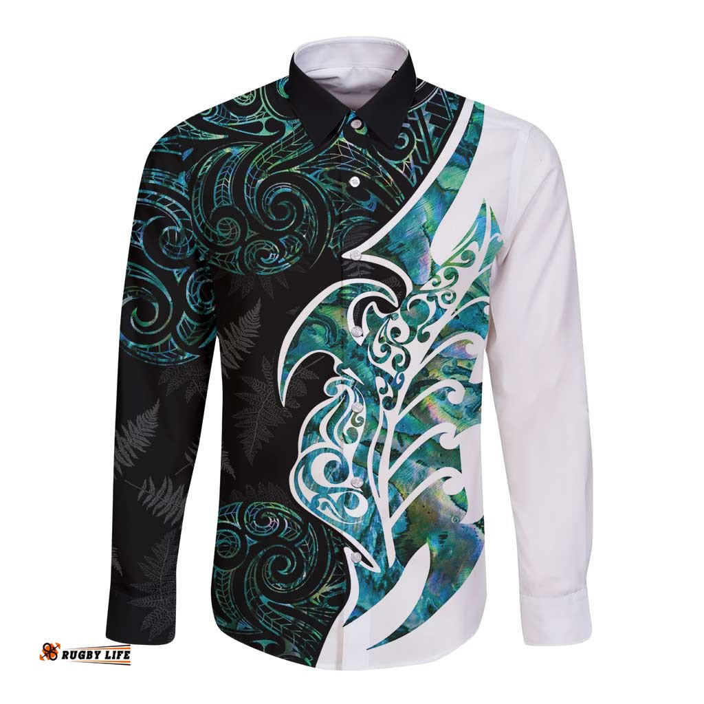 Proud Aotearoa Long Sleeve Button Shirt Maori Silver Fern Mix Paua Shell Pattern LT14