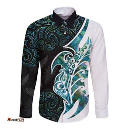 Proud Aotearoa Long Sleeve Button Shirt Maori Silver Fern Mix Paua Shell Pattern LT14