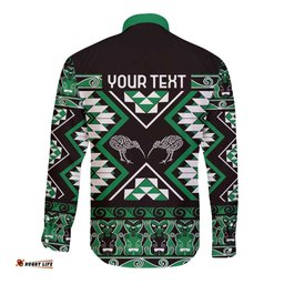 Personalised Taniko Motifs Aotearoa Long Sleeve Button Shirt Waitangi Kowhaiwhai Kiwi - Green LT7