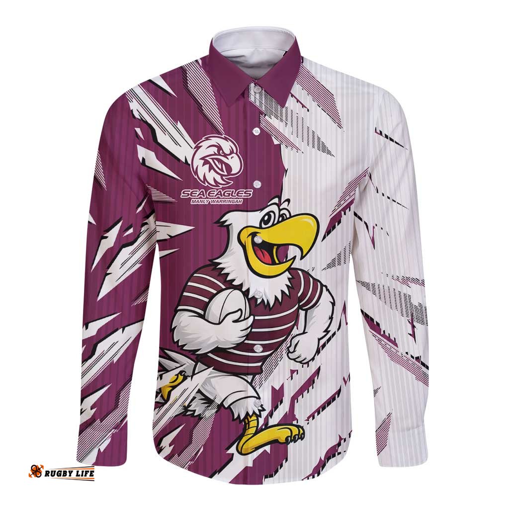 Personalized Manly Warringah Sea Eagles Long Sleeve Button Shirt Dynamic Lightning Mascot Rugby Australia TS04