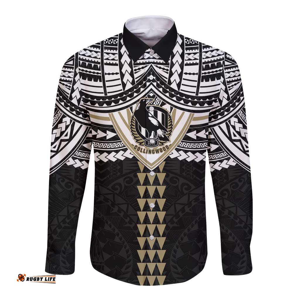Personalized Collingwood Magpies Long Sleeve Button Shirt Polynesian Tribal Pattern Heritage Football TS04