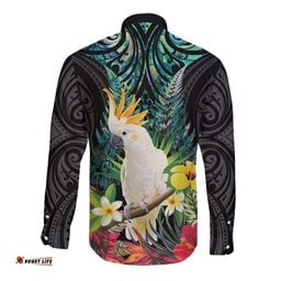 Sulphur-crested Cockatoo New Zealand Long Sleeve Button Shirt Paua Shell Aotearoa Maori Tropical Flowers LT14