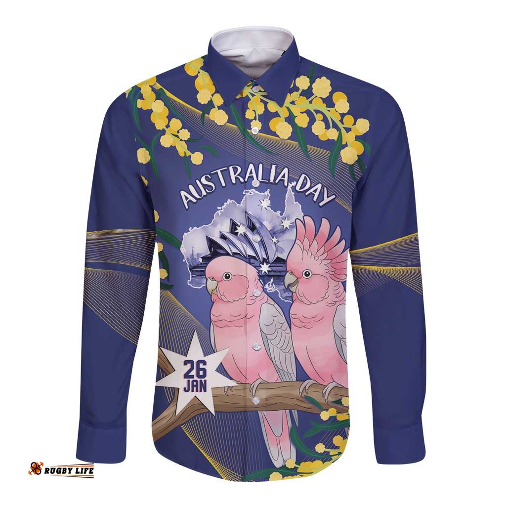 Personalised Pink Galah Australia Day Long Sleeve Button Shirt 26th January Golden Wattle Flag Color LT14