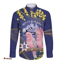 Personalised Pink Galah Australia Day Long Sleeve Button Shirt 26th January Golden Wattle Flag Color LT14