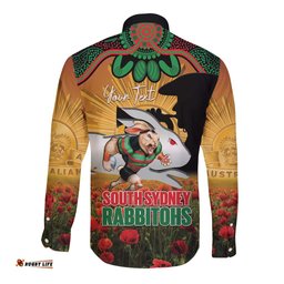 Personalised Rabbitohs Rugby ANZAC Day Long Sleeve Button Shirt Last Post Poppy We Will Remember Them LT14