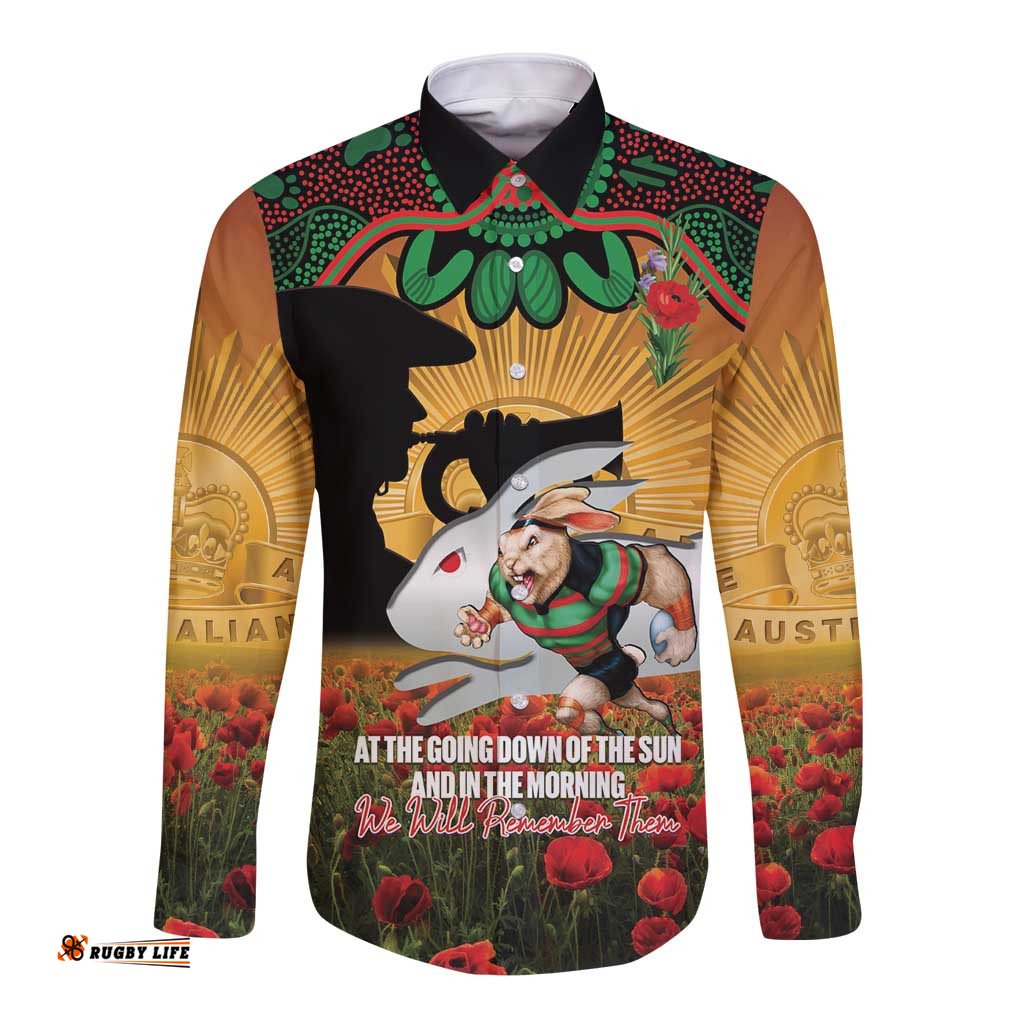 Personalised Rabbitohs Rugby ANZAC Day Long Sleeve Button Shirt Last Post Poppy We Will Remember Them LT14