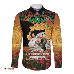 Personalised Rabbitohs Rugby ANZAC Day Long Sleeve Button Shirt Last Post Poppy We Will Remember Them LT14