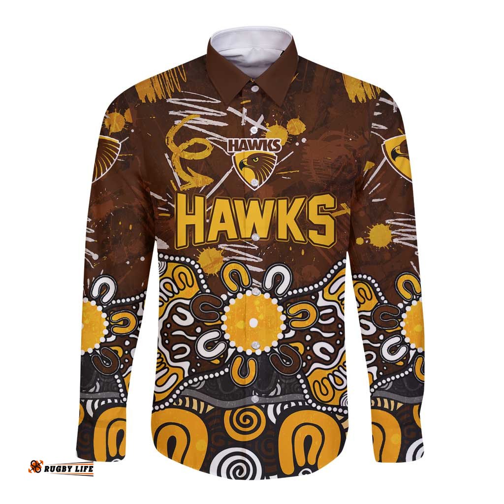 Personalized Hawthorn Hawks Long Sleeve Button Shirt Aboriginal Dot Painting Graffiti Style TS04