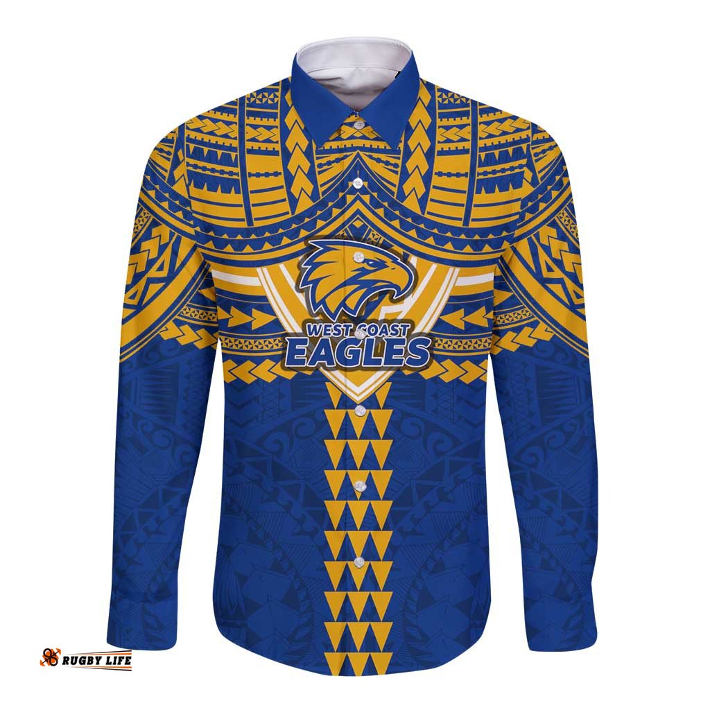 Personalized West Coast Eagles Long Sleeve Button Shirt Polynesian Tribal Pattern Heritage Football TS04