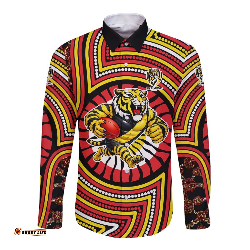 Richmond Football Club Long Sleeve Button Shirt Indigenous Monochrome Dot Art Mascot Style TS04